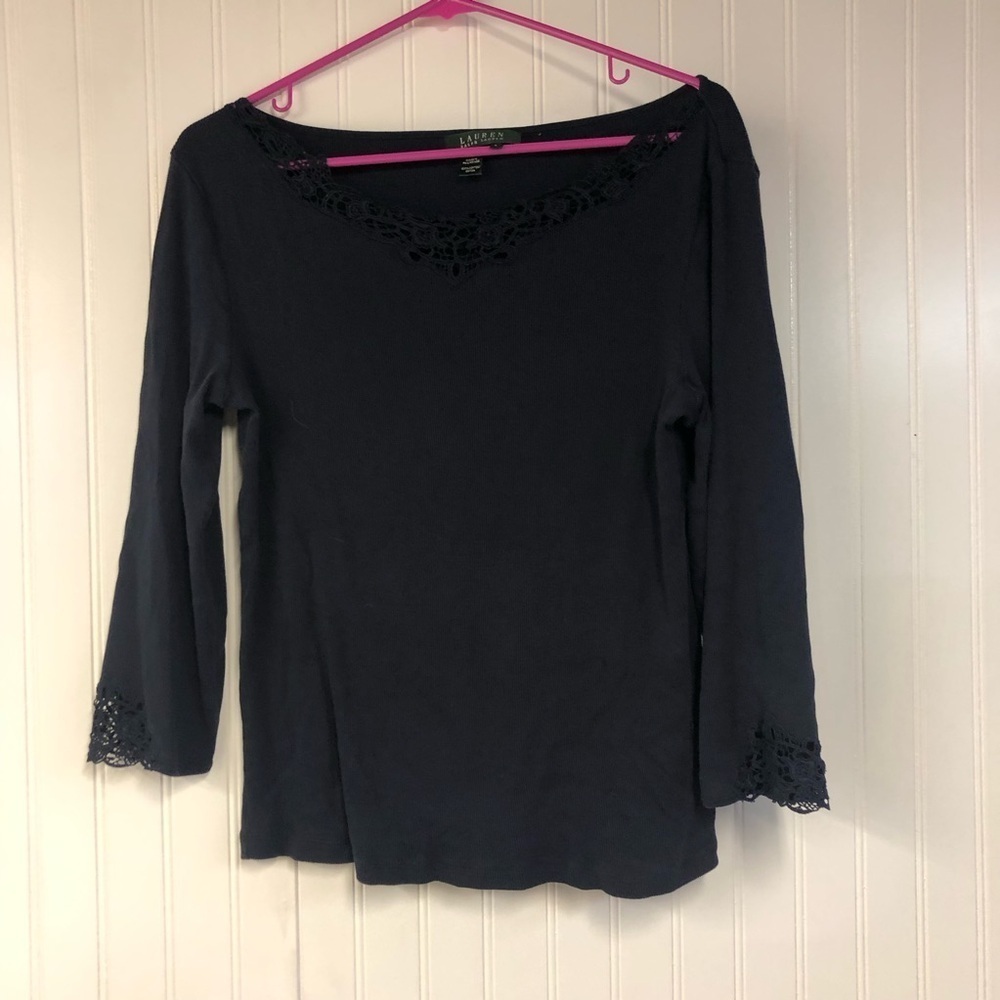 Ralph Lauren Navy Ribbed Lace Trim Women's 3/4 Sleeve Top Large